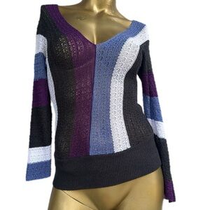 Y2K CHARLOTTE RUSSE Striped Color-block Open-Knit Deep V-neck rayon Sweater, S